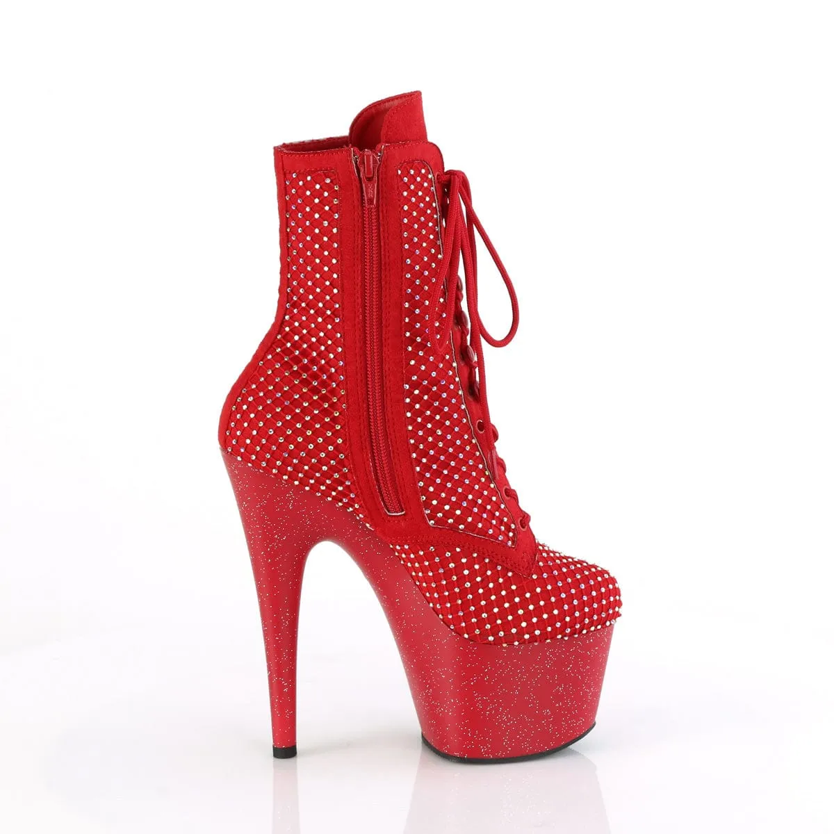 ADORE-1020RM Red Faux Suede-Rhinestones Mesh/Red Matte