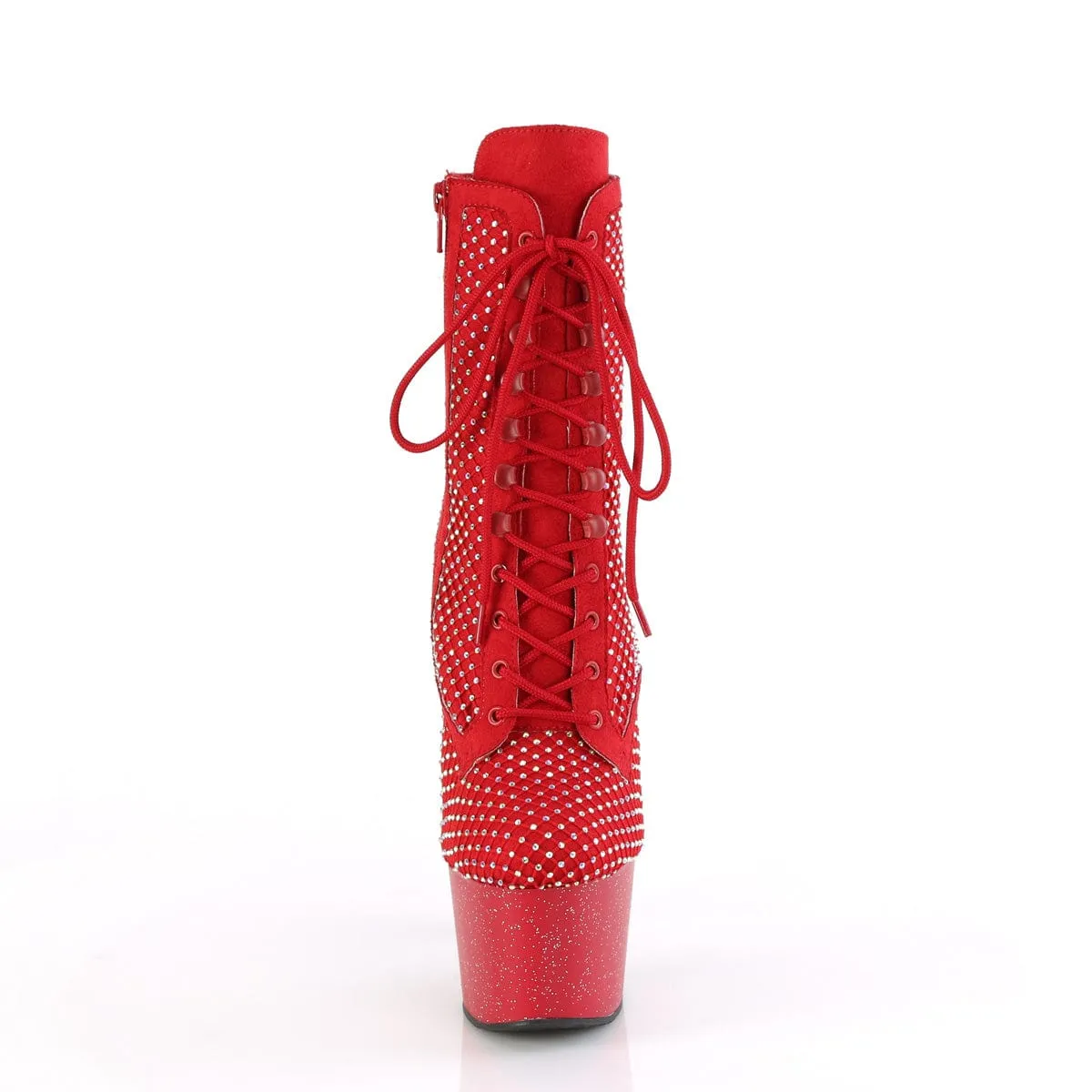 ADORE-1020RM Red Faux Suede-Rhinestones Mesh/Red Matte