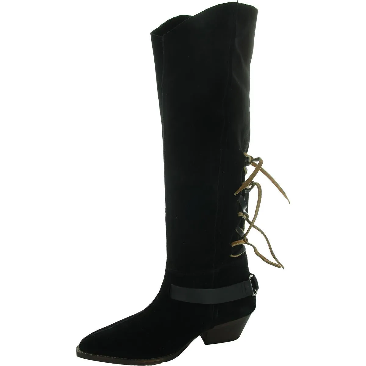 Back Lace Sway Low  Womens Belted Leather Knee-High Boots