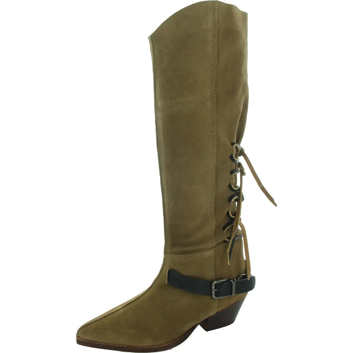 Back Lace Sway Low  Womens Belted Leather Knee-High Boots