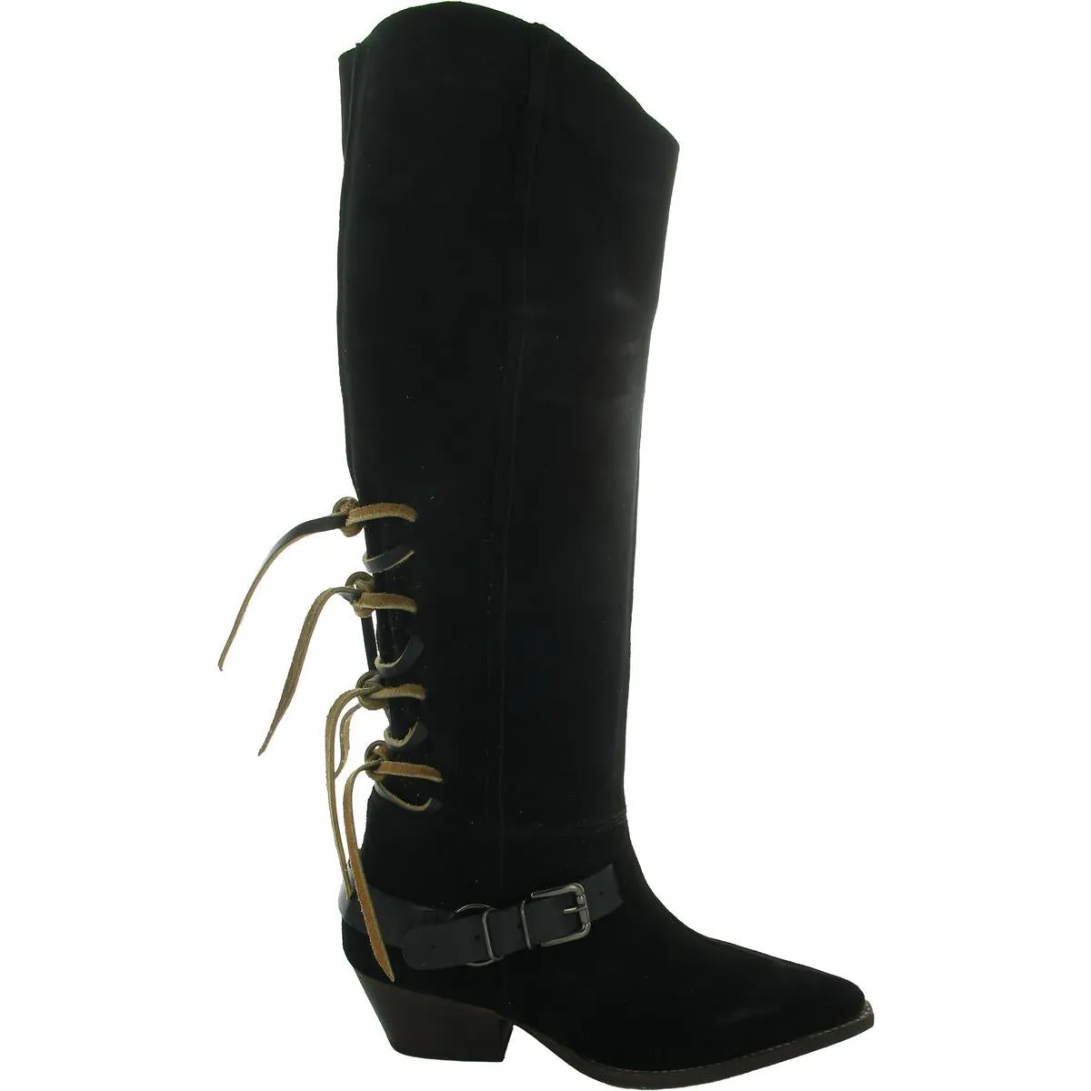 Back Lace Sway Low  Womens Belted Leather Knee-High Boots