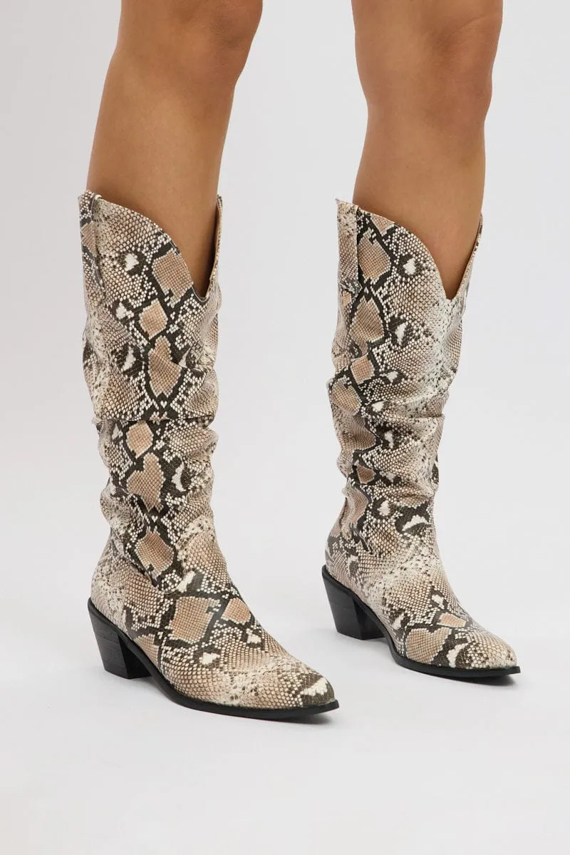 Beige Animal Print Snake Print Cowboy Boots