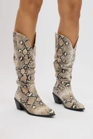 Beige Animal Print Snake Print Cowboy Boots