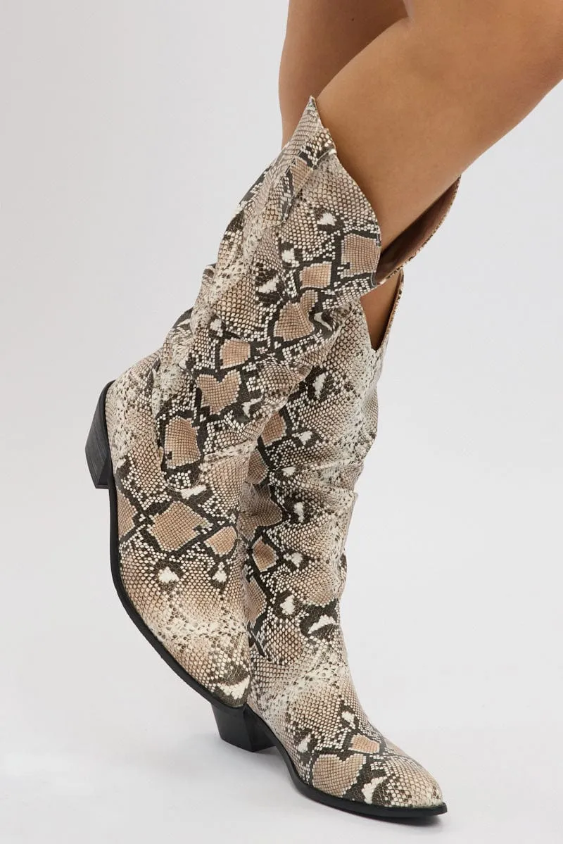 Beige Animal Print Snake Print Cowboy Boots
