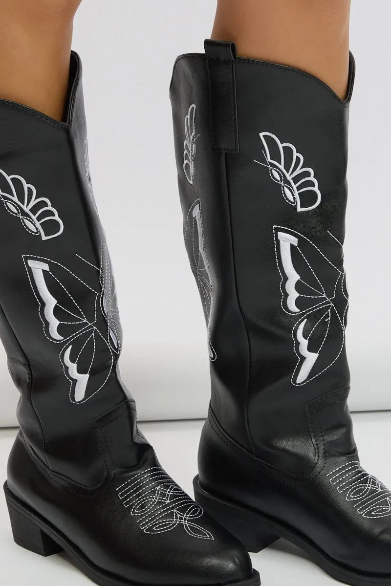 Black Butterfly Embroidered Western Cowboy Boots