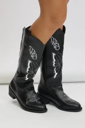 Black Butterfly Embroidered Western Cowboy Boots