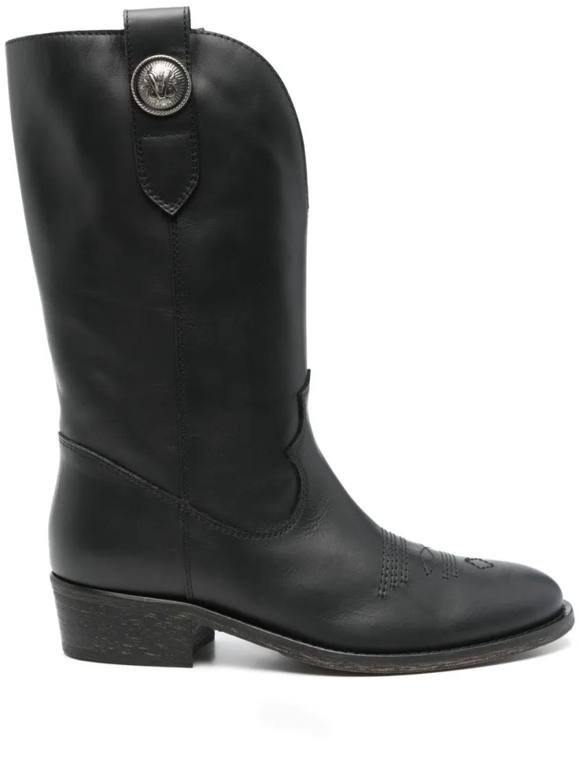 Black Leather Texan Ankle Boots