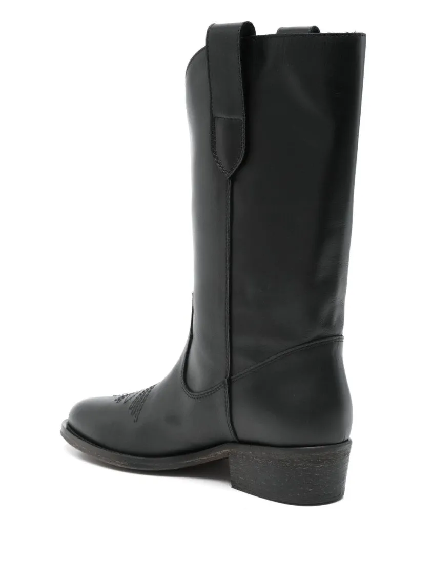 Black Leather Texan Ankle Boots