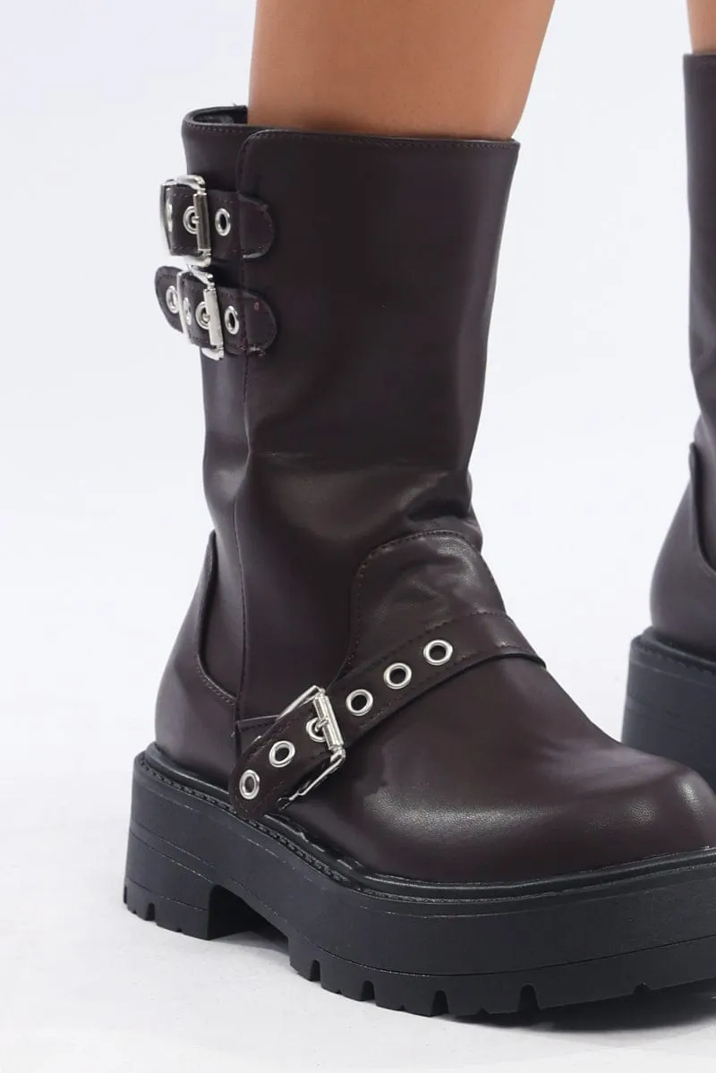 Brown Buckle Detail Biker Boots