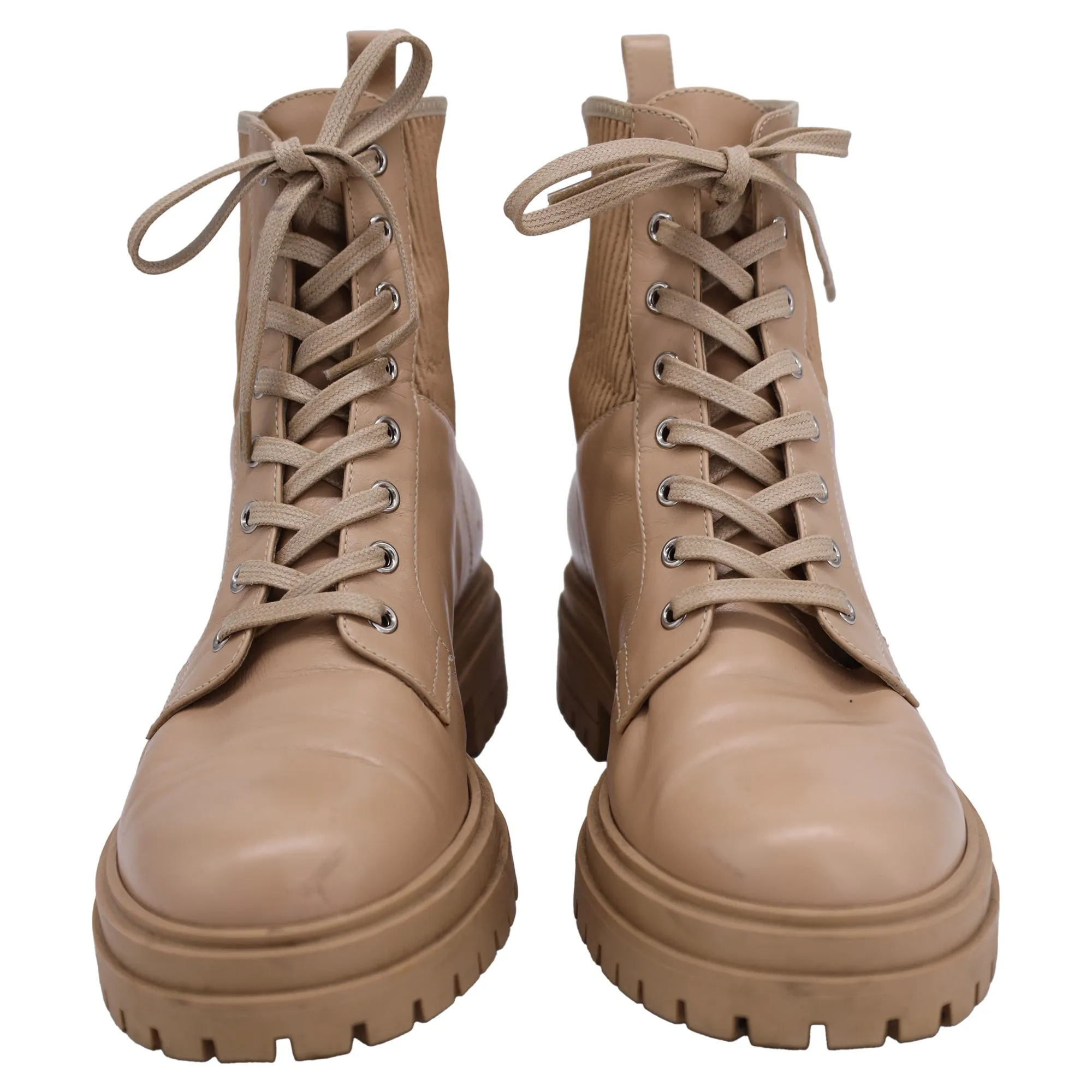 Gianvito Rossi Martis Rib-Knit Combat Boots in Beige Leather