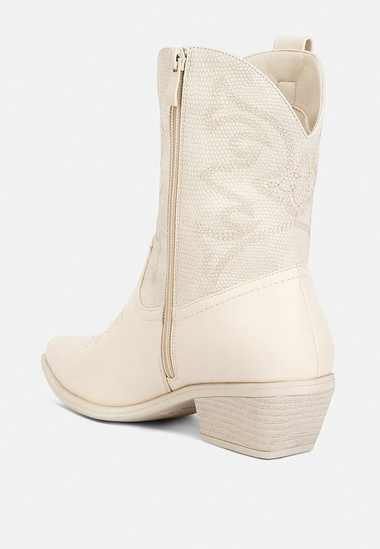hasting patchwork detail low heel cowboy boots