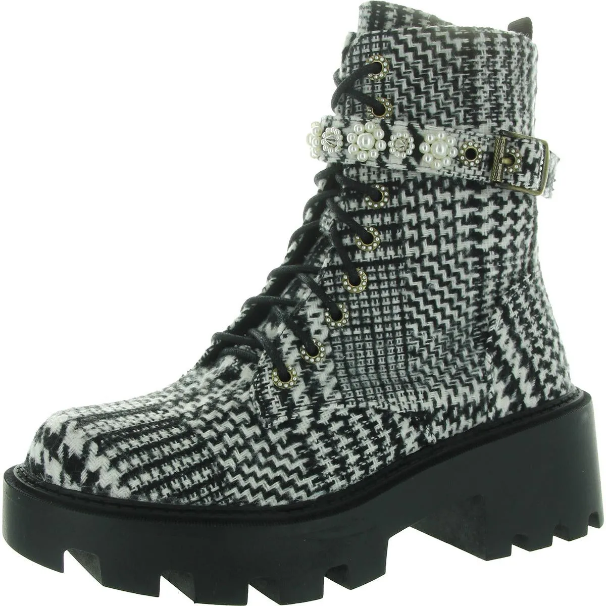 HEATHER Womens Jeweled Manmade Combat & Lace-Up Boots
