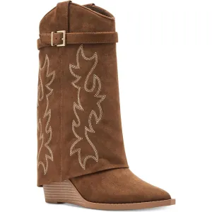 JJOE Womens Belted Faux Leather Wedge Boots