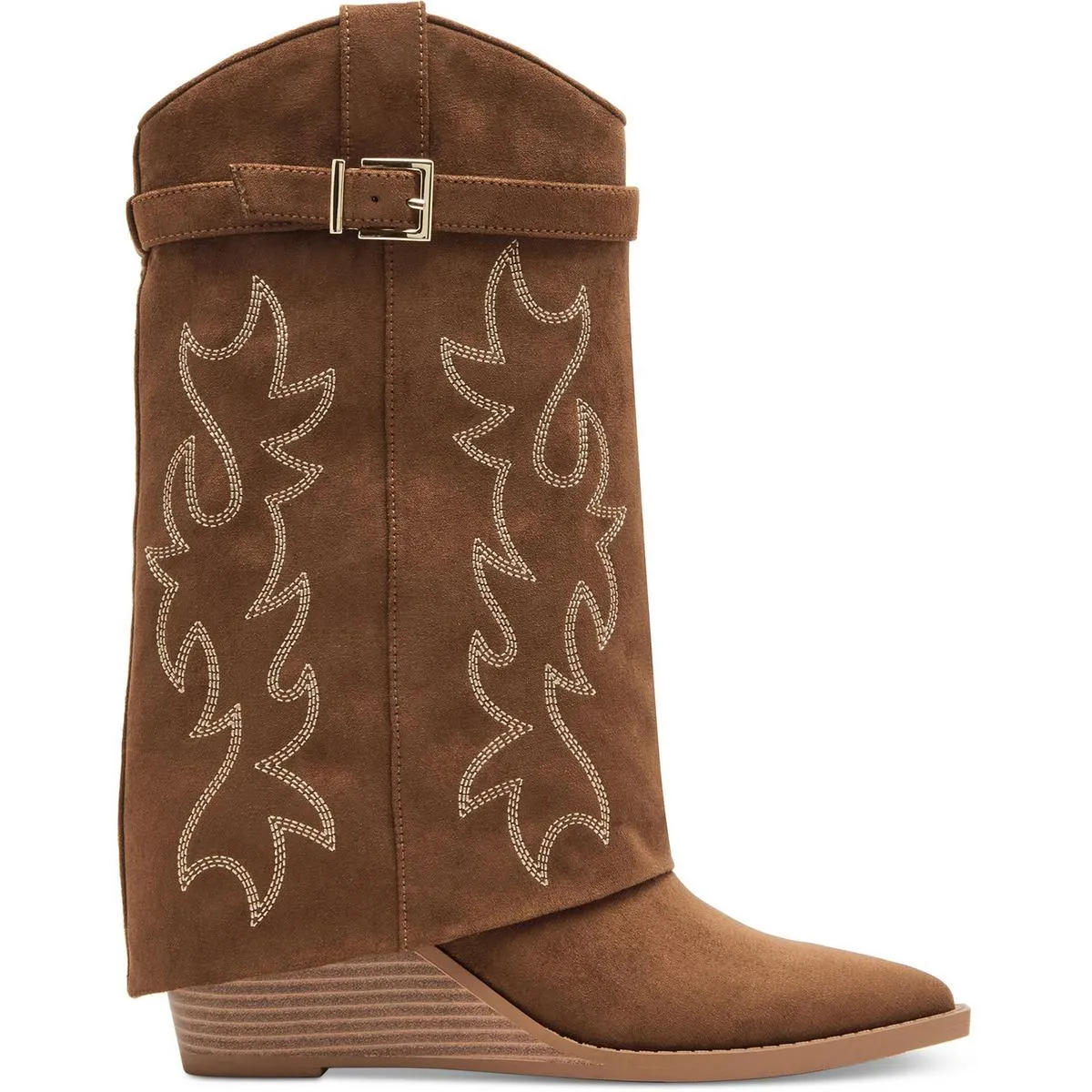 JJOE Womens Belted Faux Leather Wedge Boots