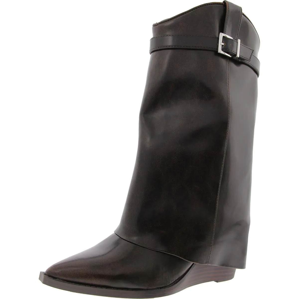 JJOE Womens Belted Faux Leather Wedge Boots