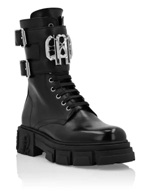 Leather Boots Mid Flat Gothic Plein