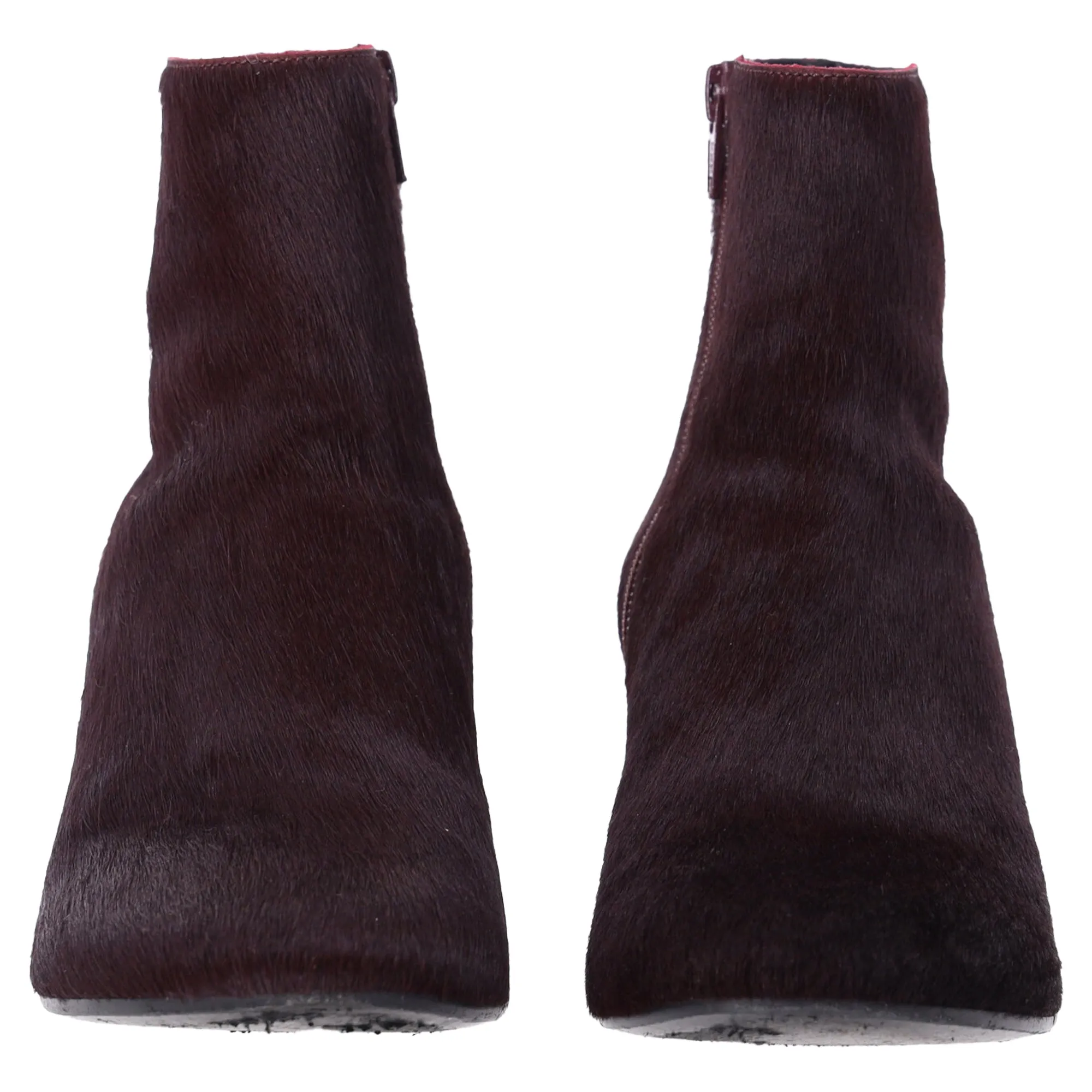 Maison Margiela Block Heel Ankle Boots in Burgundy Pony Hair