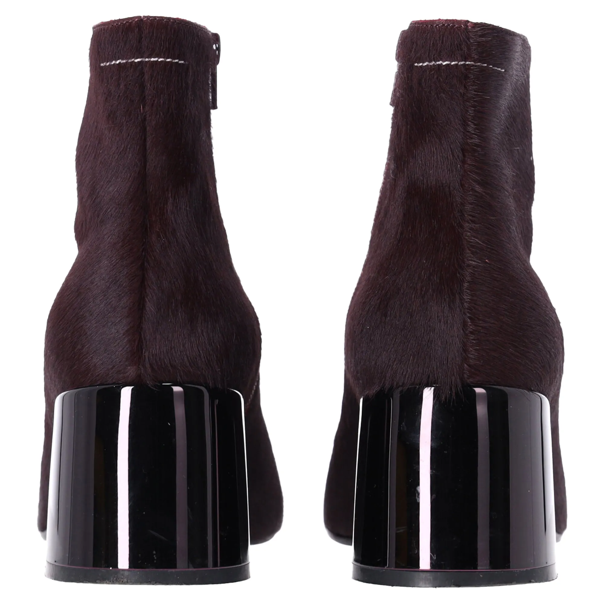 Maison Margiela Block Heel Ankle Boots in Burgundy Pony Hair