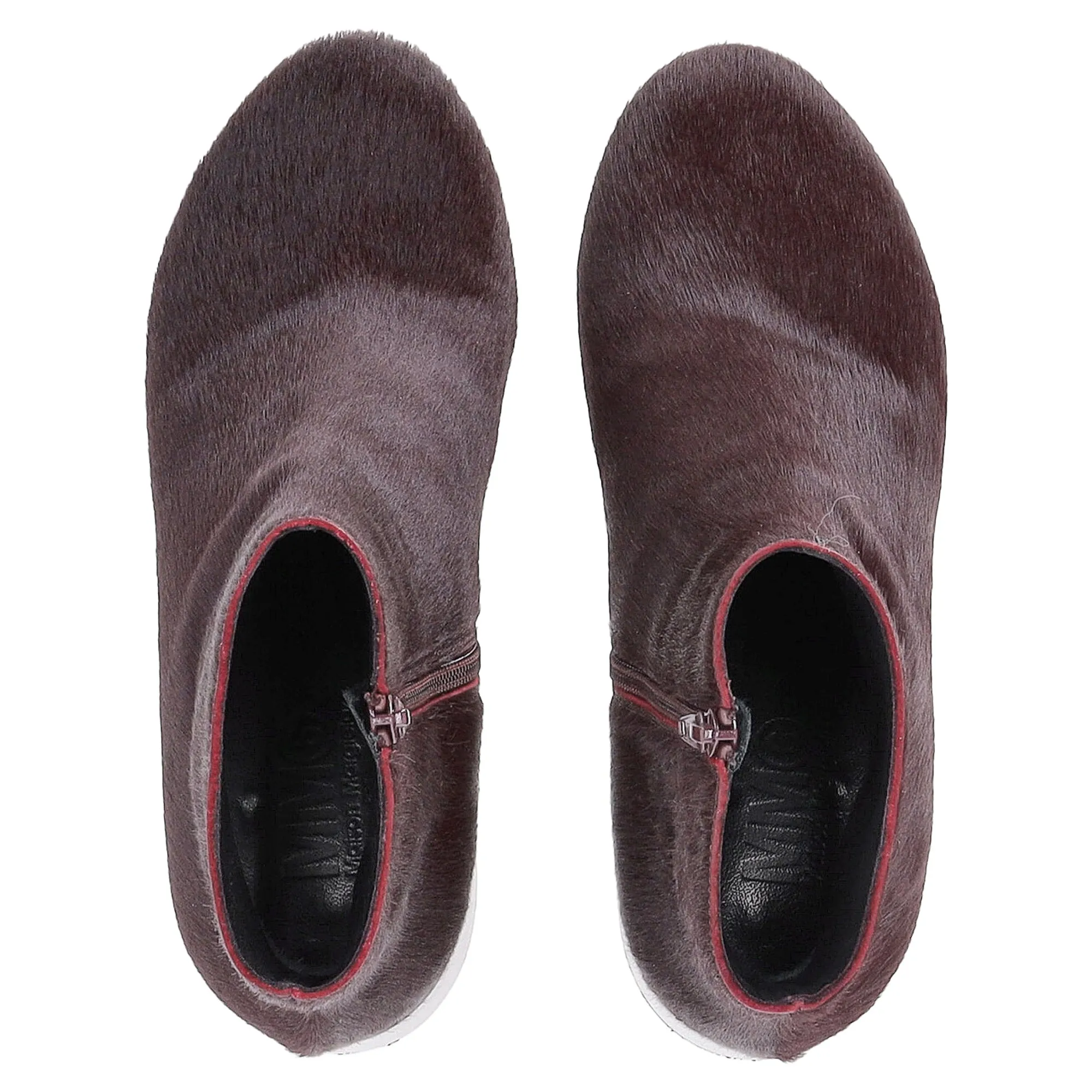 Maison Margiela Block Heel Ankle Boots in Burgundy Pony Hair