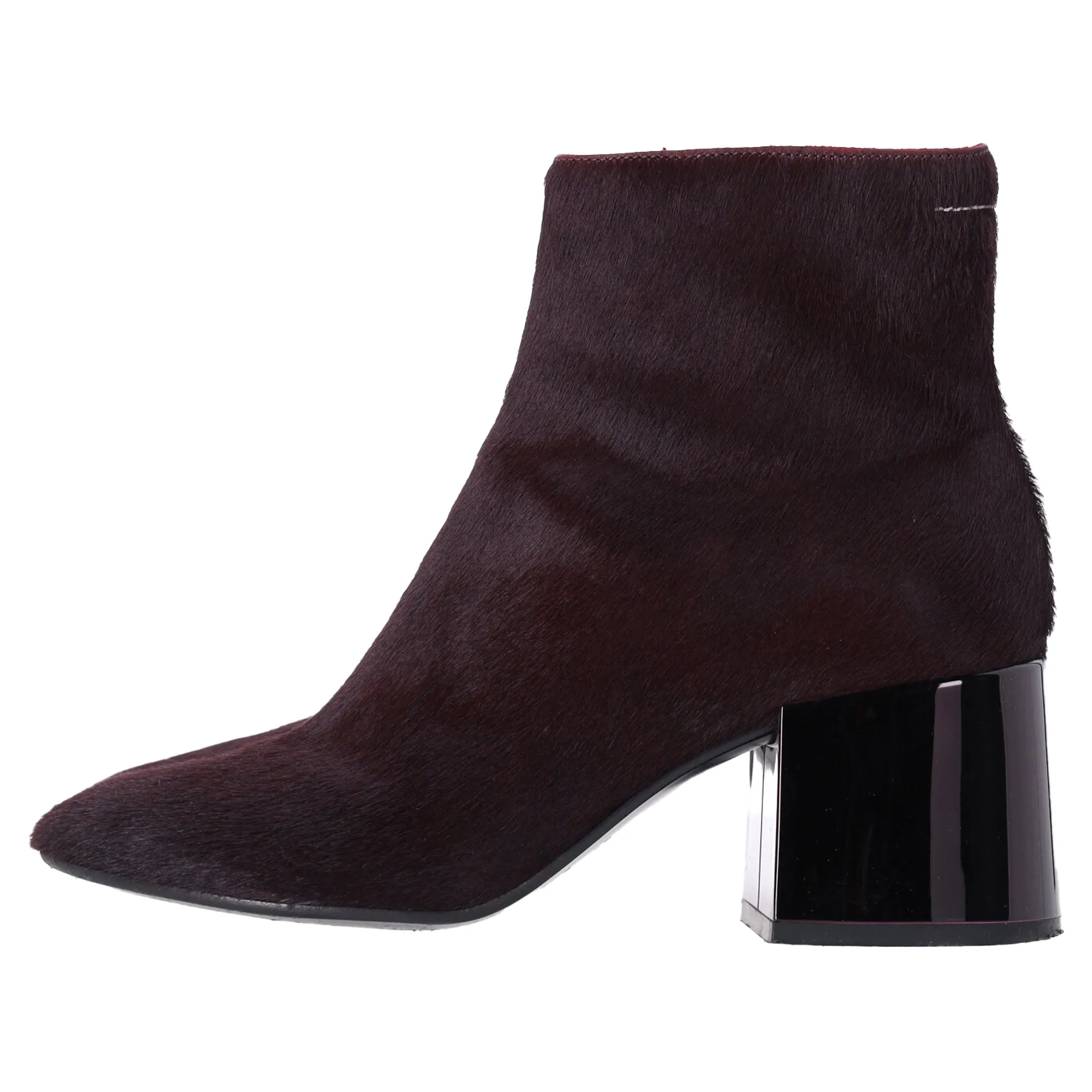 Maison Margiela Block Heel Ankle Boots in Burgundy Pony Hair