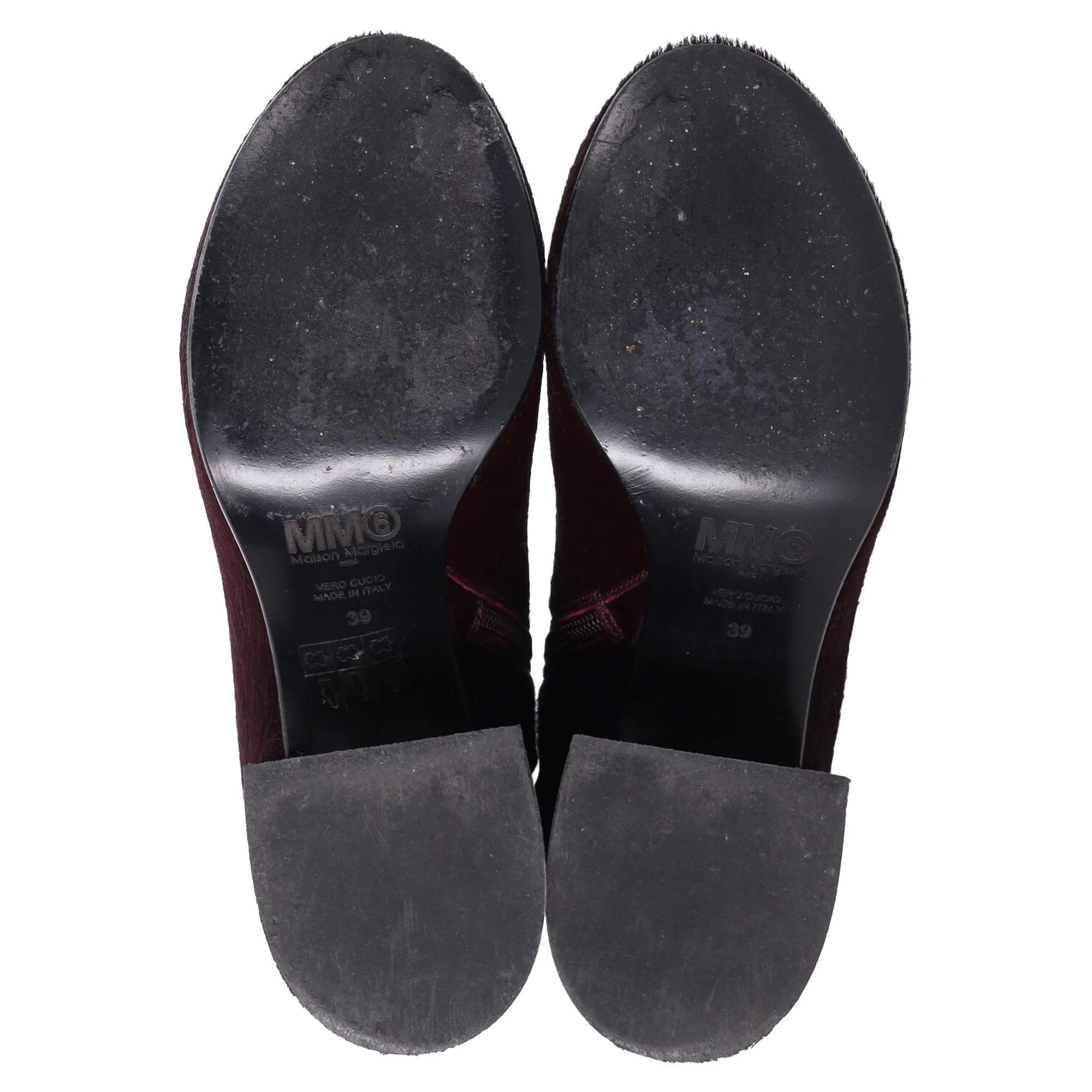 Maison Margiela Block Heel Ankle Boots in Burgundy Pony Hair