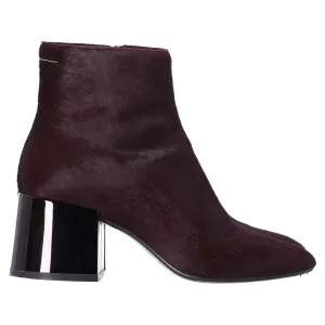 Maison Margiela Block Heel Ankle Boots in Burgundy Pony Hair