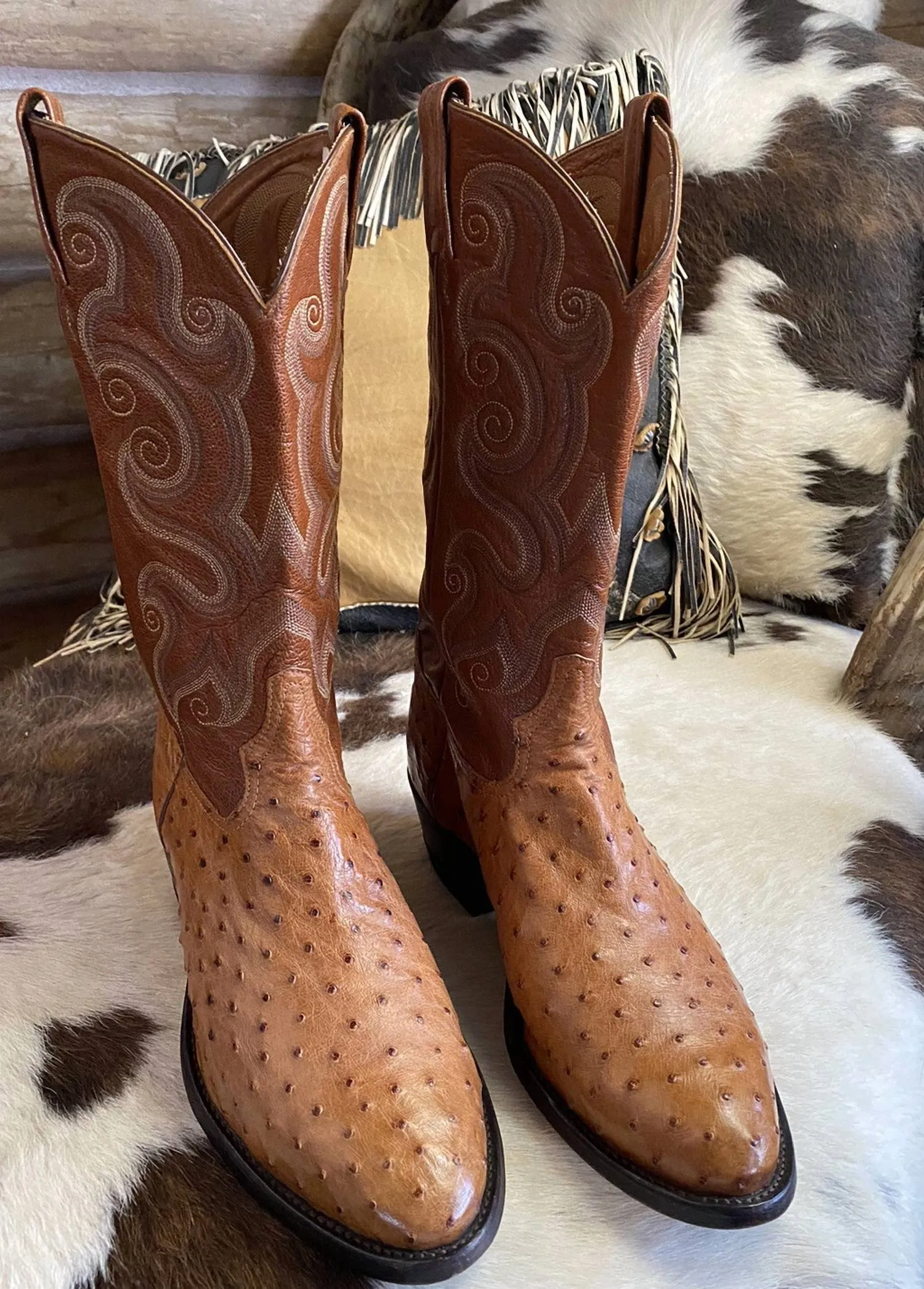 Men's Western Full Quill Ostrich Boots In Brown