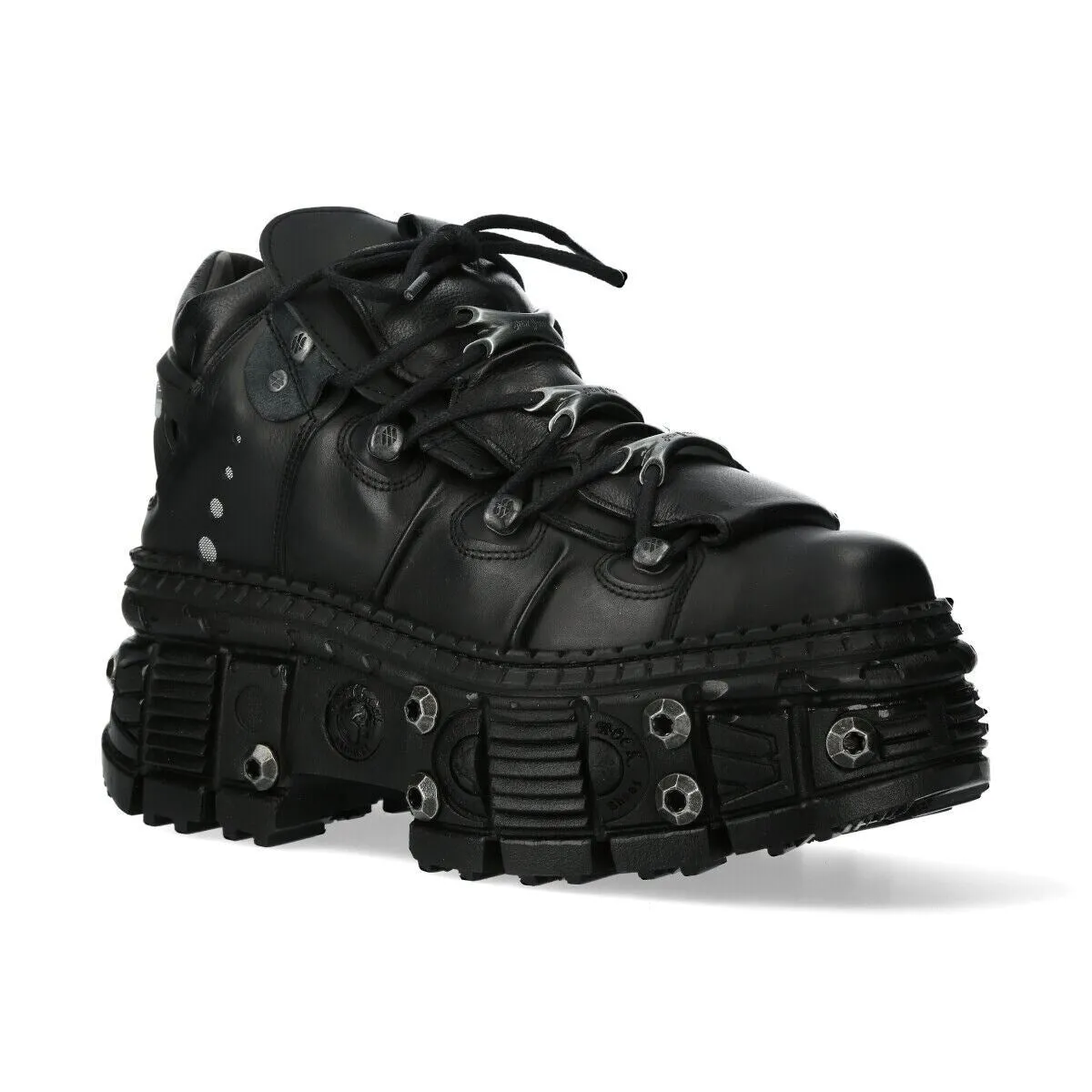 New Rock 106N-S52 Tower Shoes Metallic Black Leather Biker Punk Gothic Boots