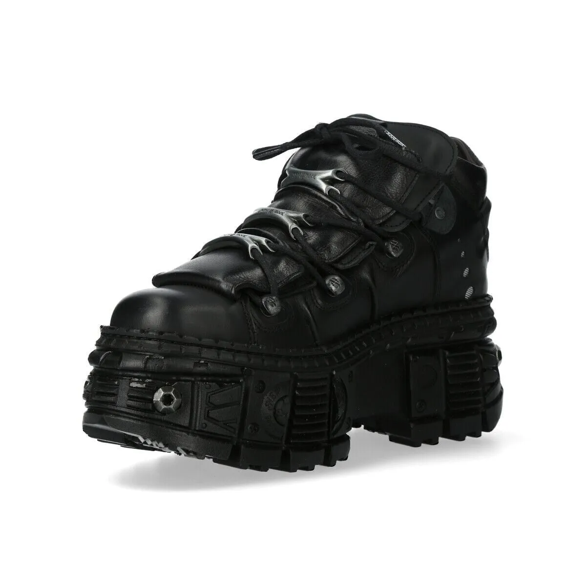 New Rock 106N-S52 Tower Shoes Metallic Black Leather Biker Punk Gothic Boots