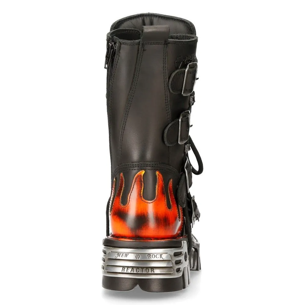 New Rock Flame Accented Black/Red Leather Biker Skull Boots- 107-S1