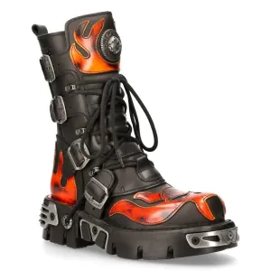 New Rock Flame Accented Black/Red Leather Biker Skull Boots- 107-S1