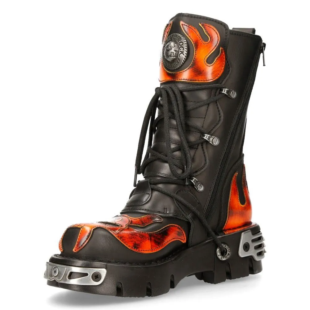 New Rock Flame Accented Black/Red Leather Biker Skull Boots- 107-S1
