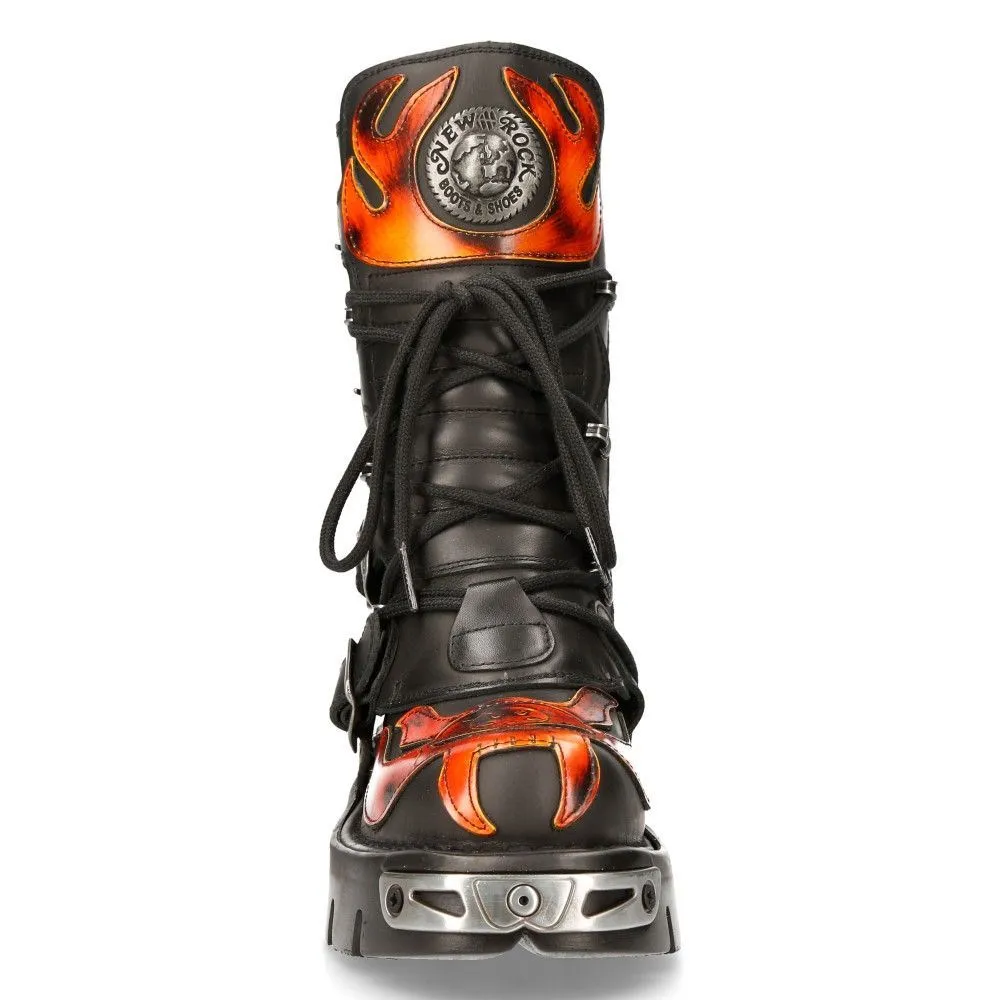 New Rock Flame Accented Black/Red Leather Biker Skull Boots- 107-S1