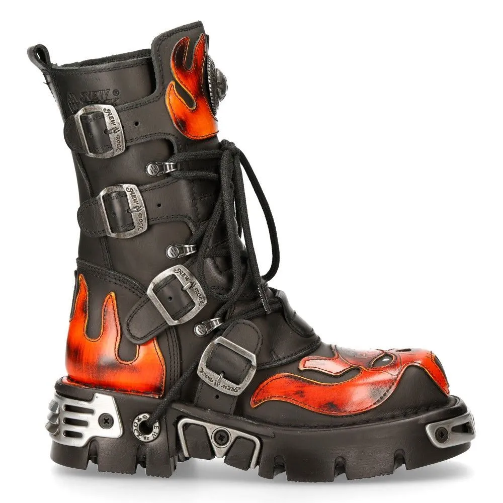 New Rock Flame Accented Black/Red Leather Biker Skull Boots- 107-S1