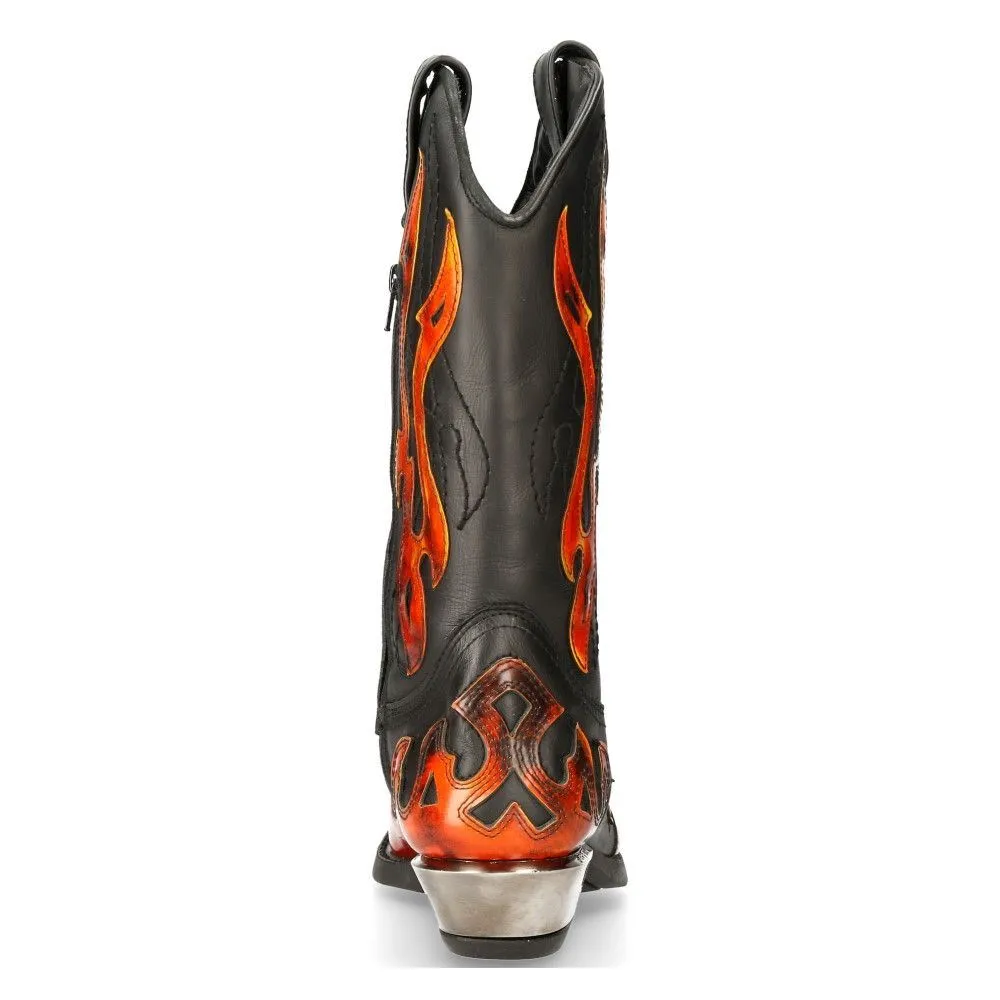 New Rock Flame Accented Black/Red Mid-Calf Cowboy Boots-7921-S2