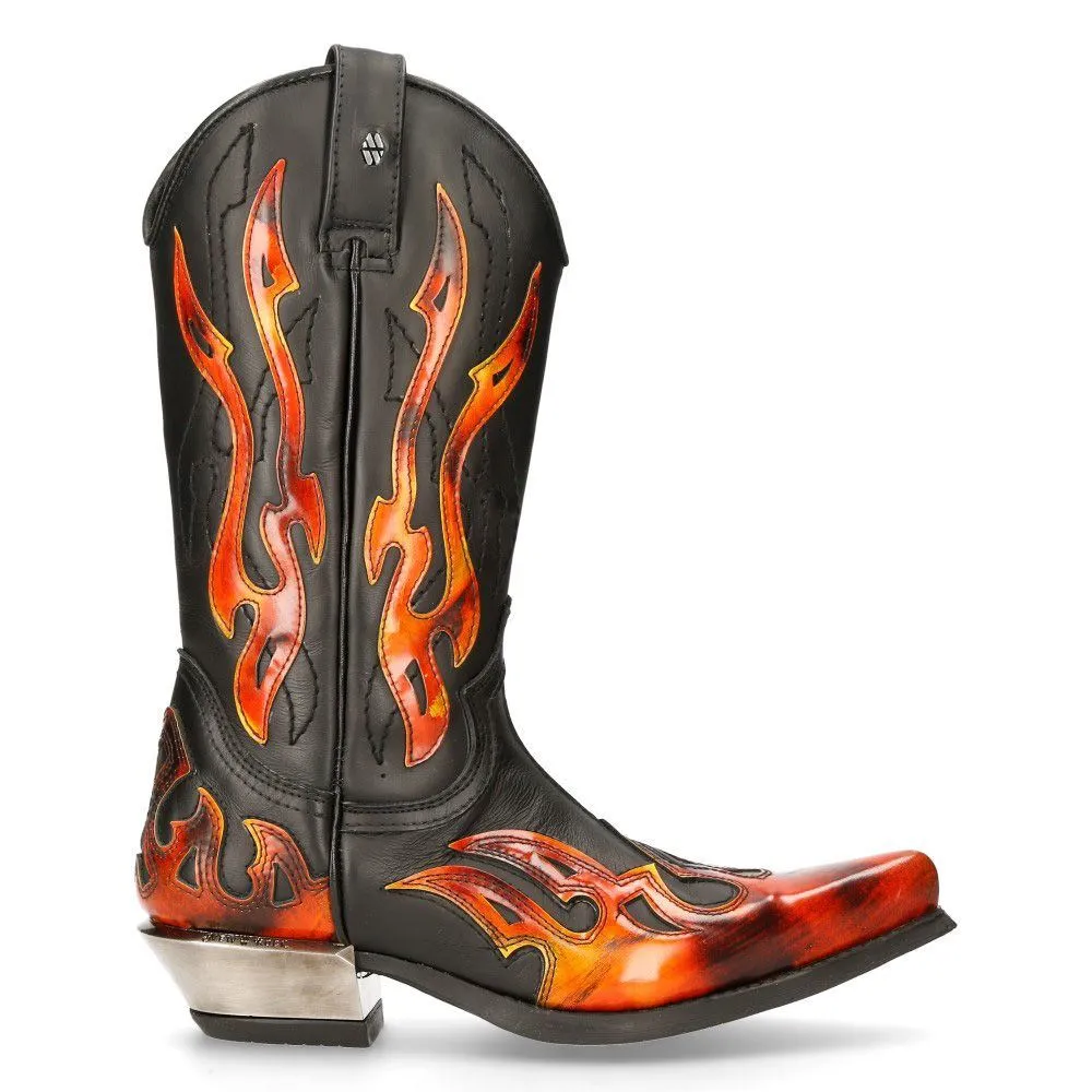 New Rock Flame Accented Black/Red Mid-Calf Cowboy Boots-7921-S2