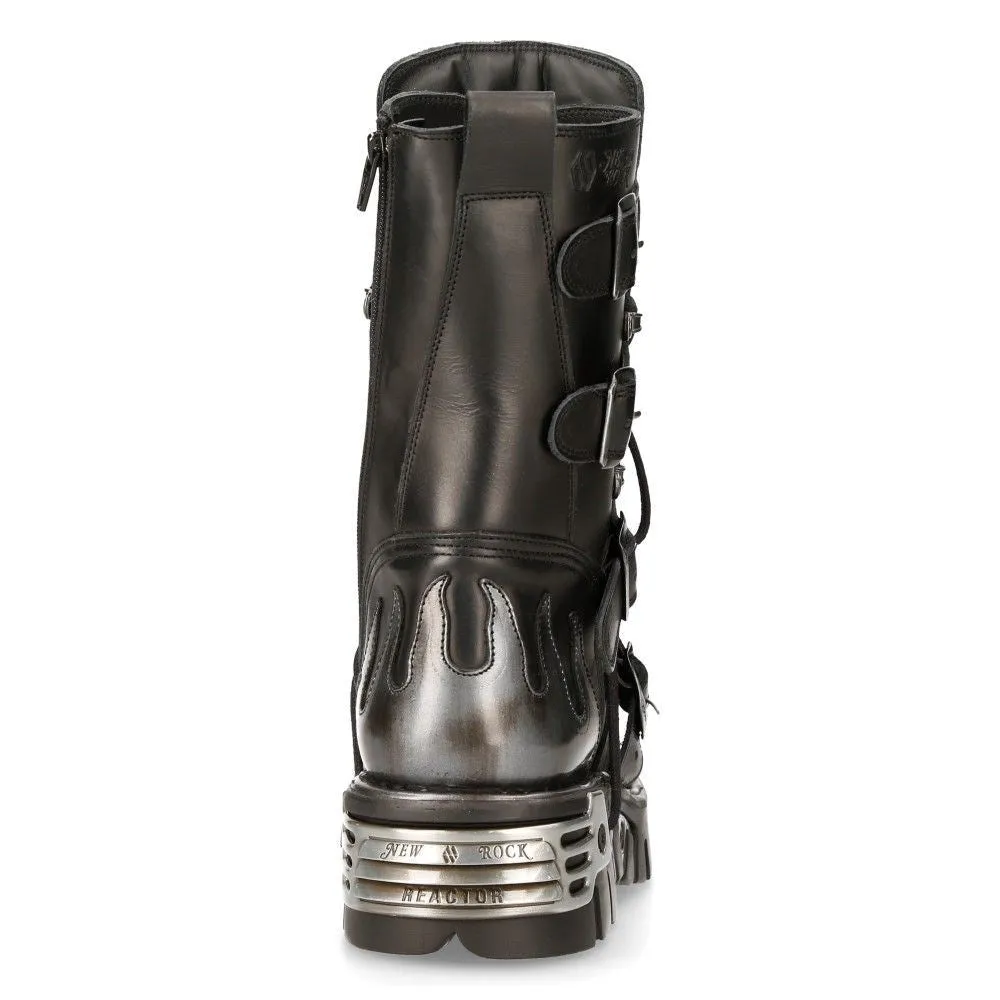 New Rock Flame Accented Black/Silver Leather Biker Boots- 107-S2