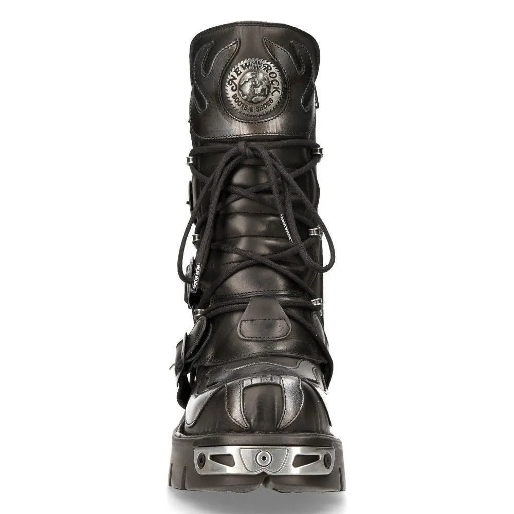 New Rock Flame Accented Black/Silver Leather Biker Boots- 107-S2