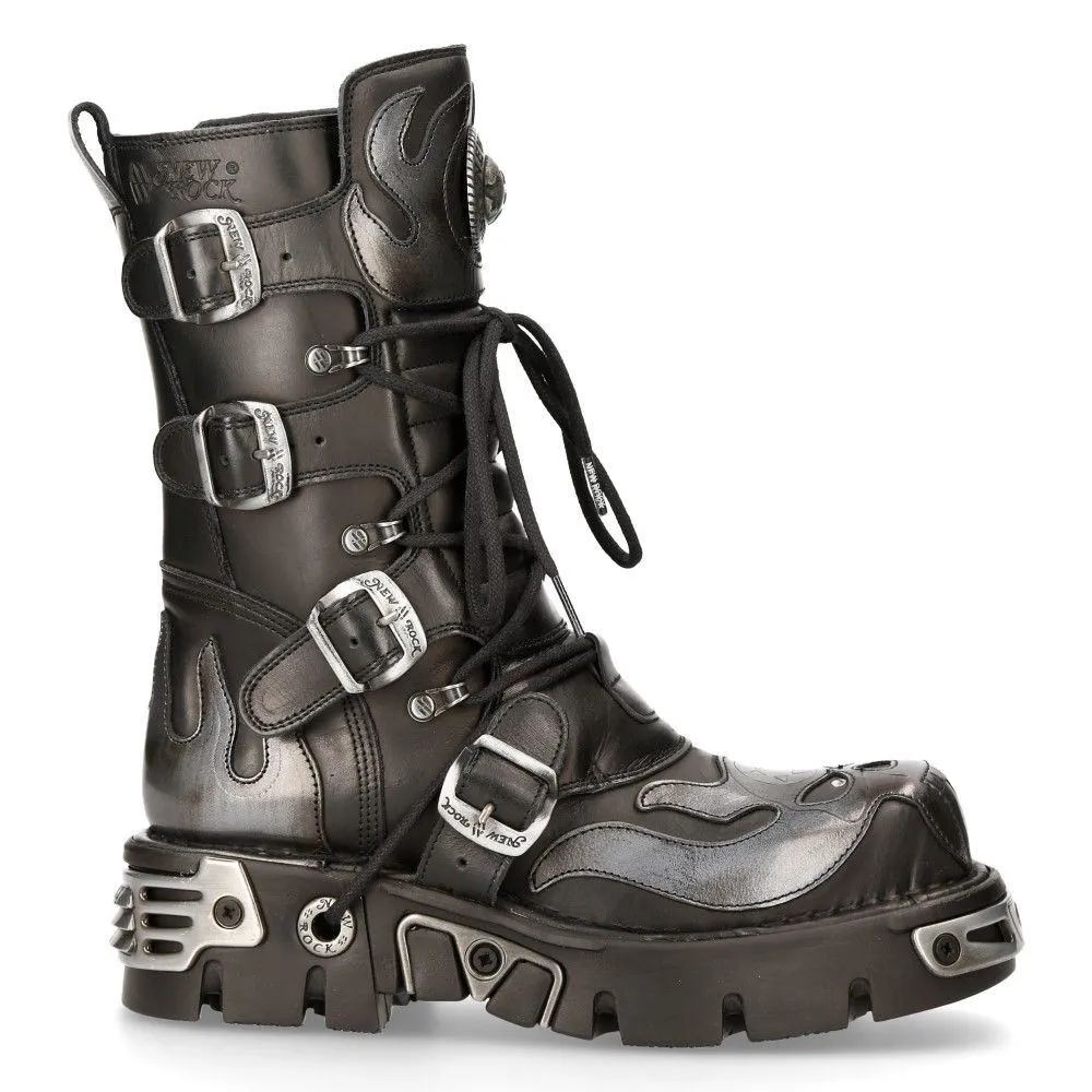 New Rock Flame Accented Black/Silver Leather Biker Boots- 107-S2