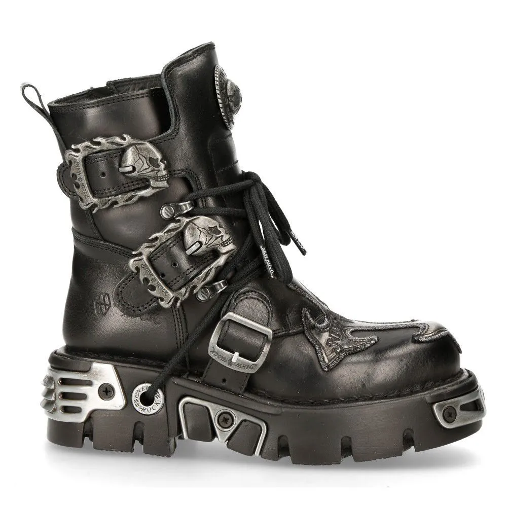 New Rock Silver Cross Black Leather Biker Boots-407-S1