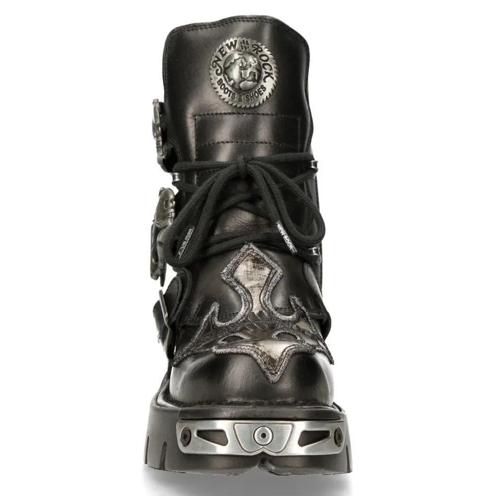 New Rock Silver Cross Black Leather Biker Boots-407-S1