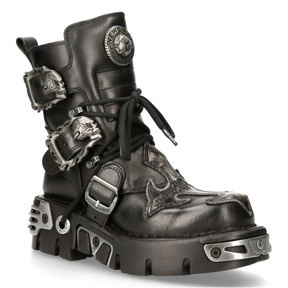 New Rock Silver Cross Black Leather Biker Boots-407-S1