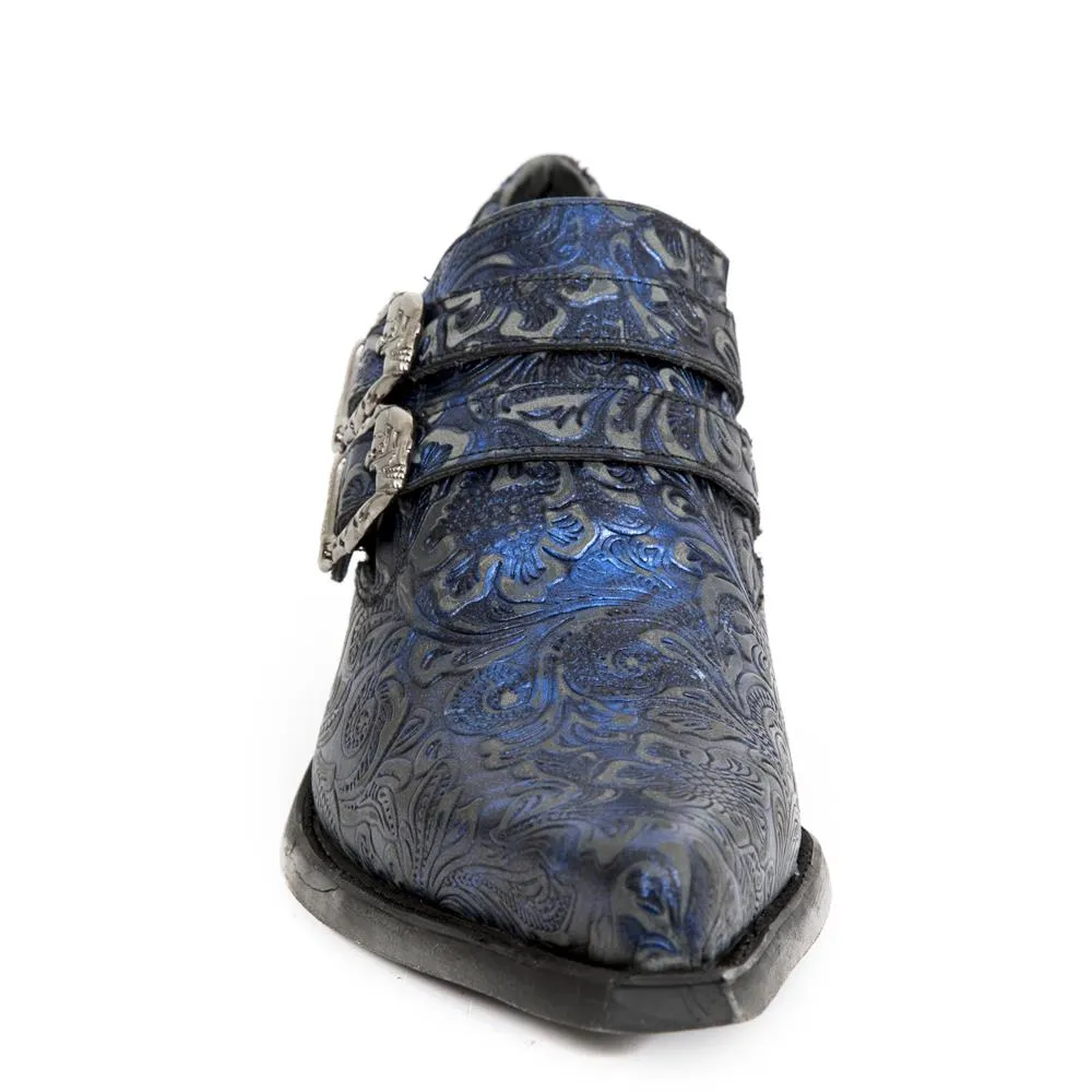 New Rock Vintage Blue Floral Leather Buckle Shoes-7960-S7