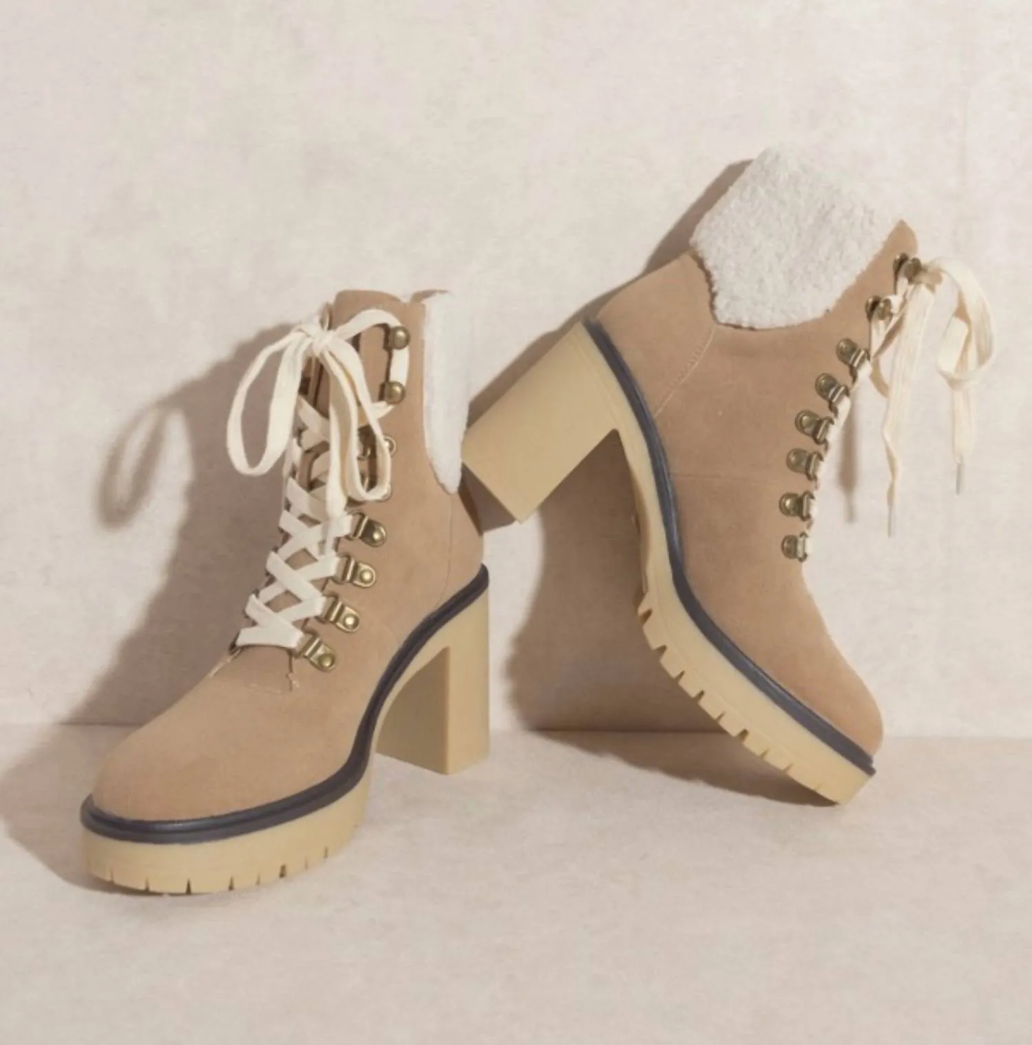 Platform Lace Up Boot In Beige
