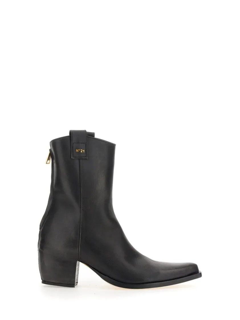 Pointed Toe Leather Boots With Block Heel