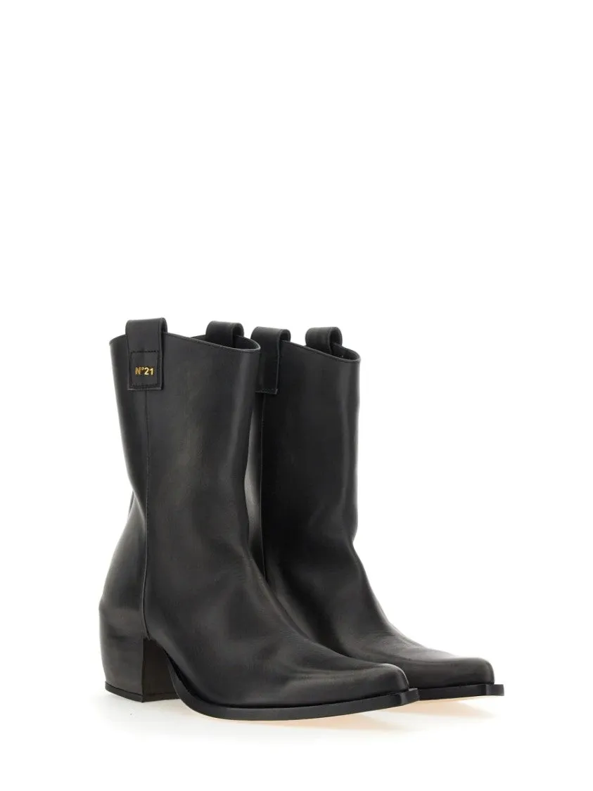 Pointed Toe Leather Boots With Block Heel