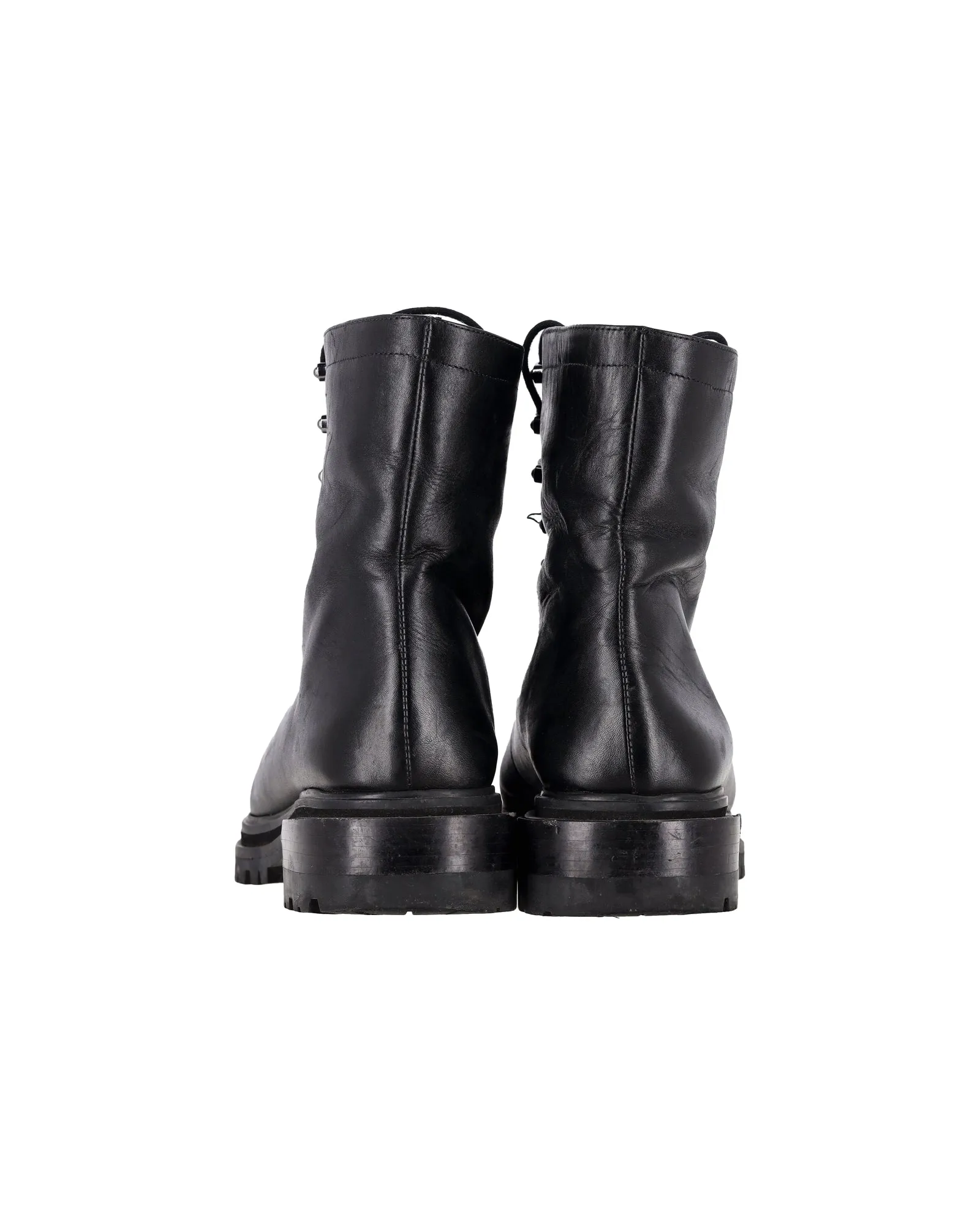 Porte & Paire Ribbed-Knit Trimmed Combat Boots in Black Leather