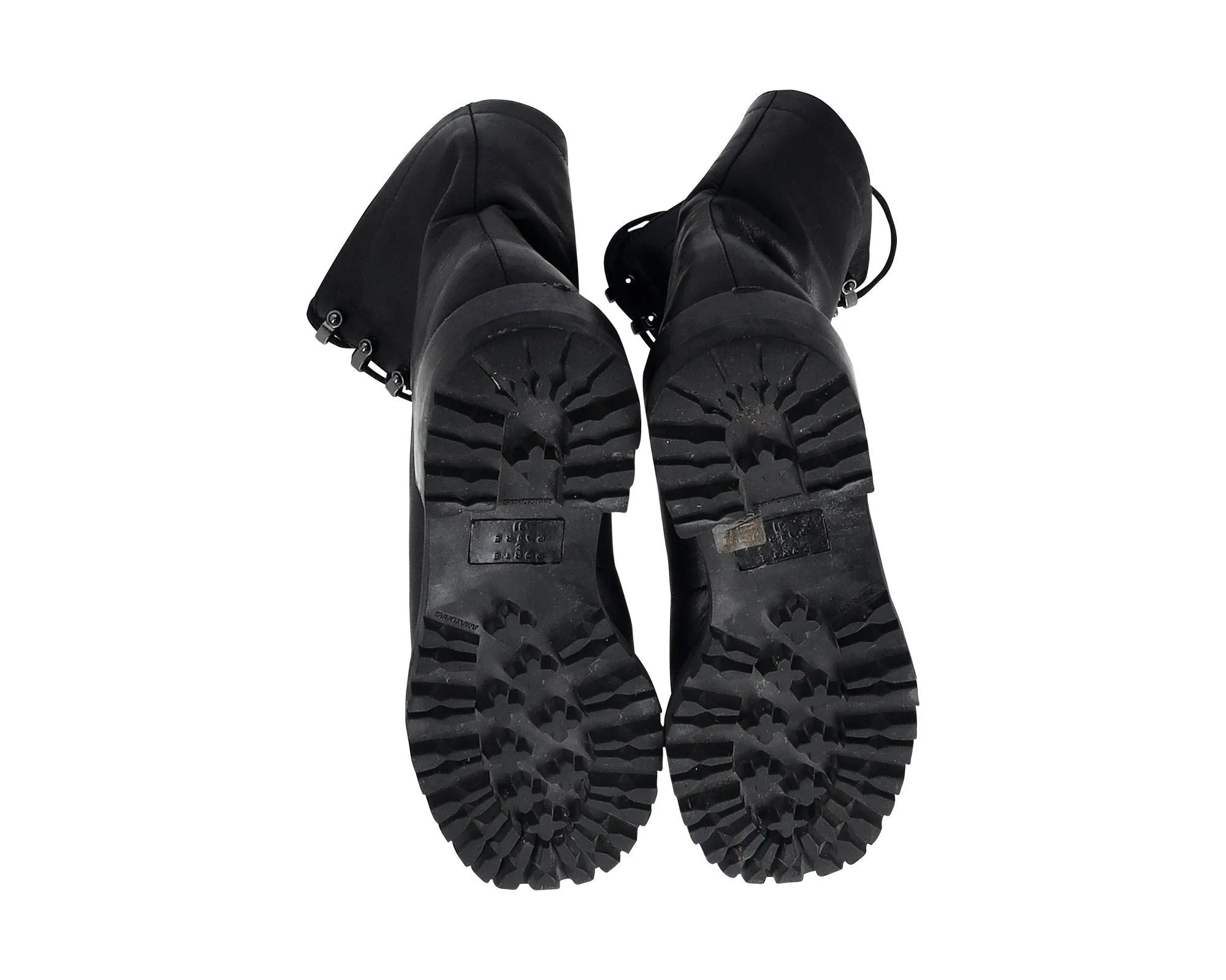 Porte & Paire Ribbed-Knit Trimmed Combat Boots in Black Leather