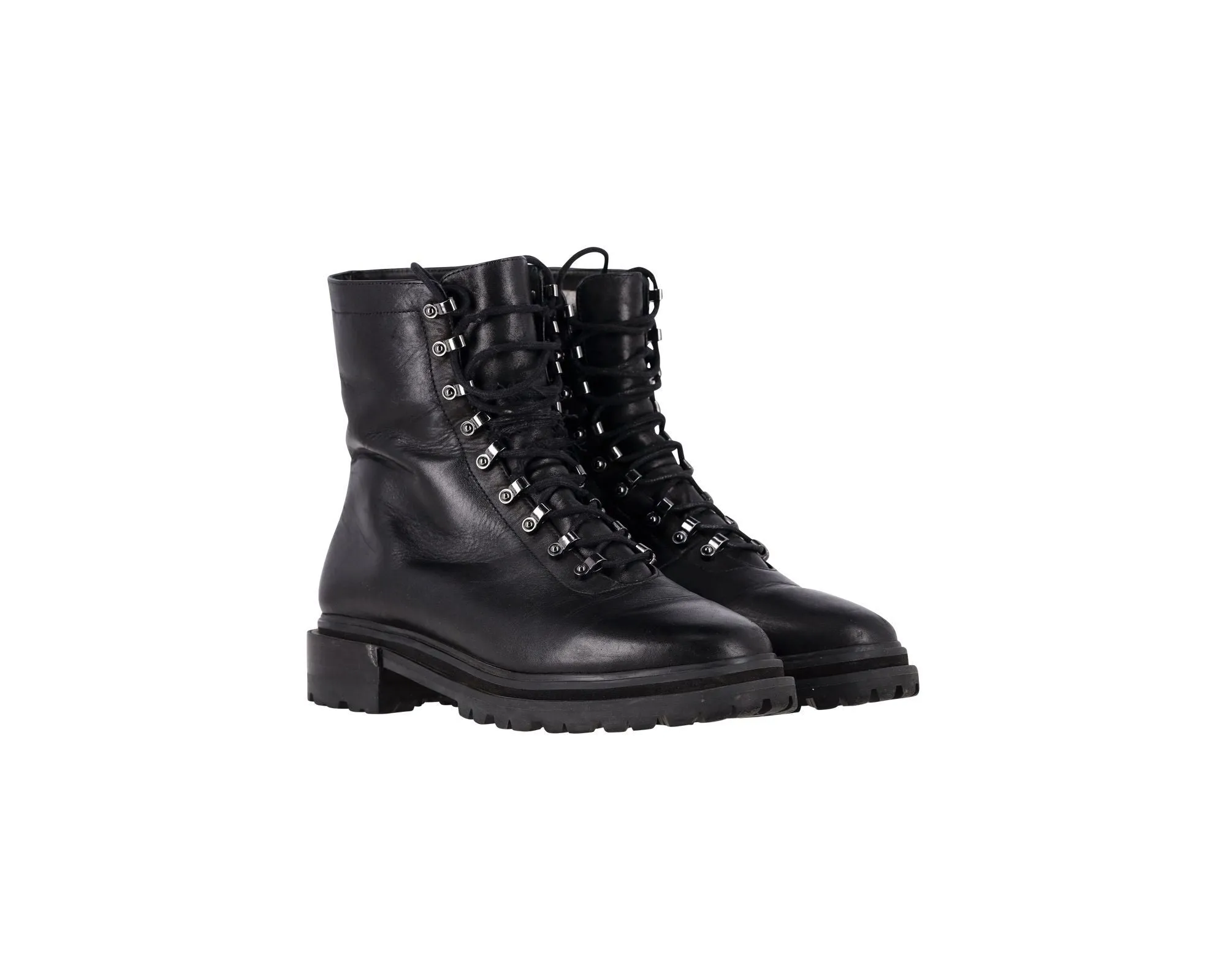 Porte & Paire Ribbed-Knit Trimmed Combat Boots in Black Leather