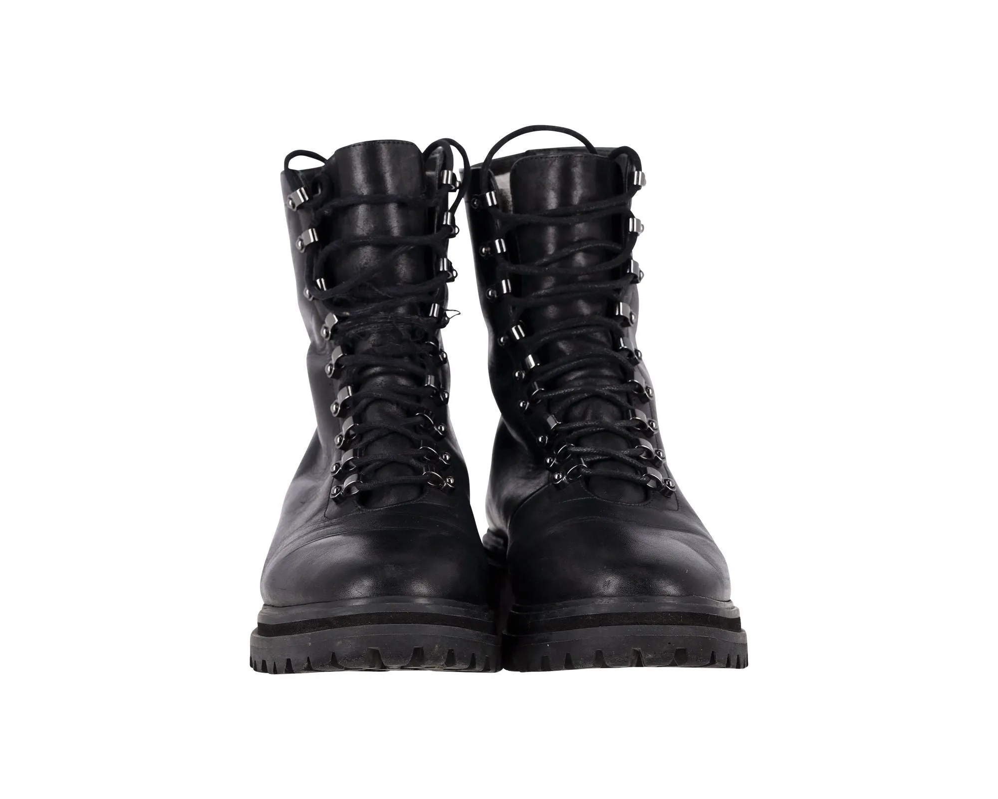Porte & Paire Ribbed-Knit Trimmed Combat Boots in Black Leather
